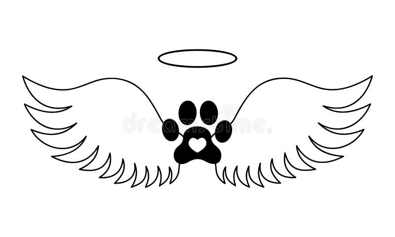 Dogs paw with angel wings, halo and heart inside. Pet memorial concept. Printable and cuttable graphic design for tattoo