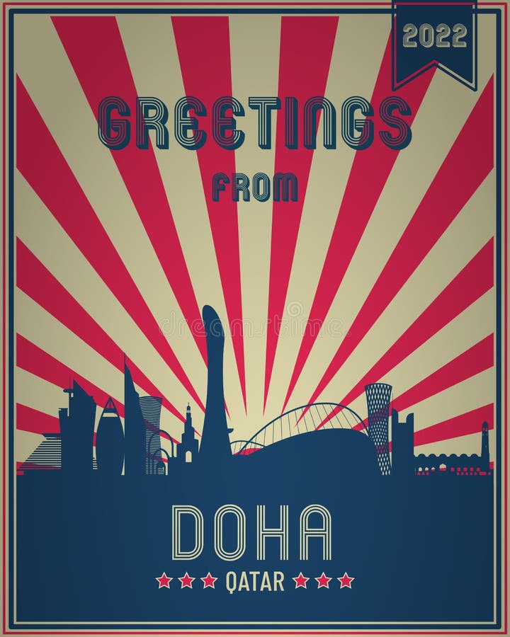 Doha City Skyline. Vintage Tourist Greeting Card - Doha, Qatar Stock Vector  - Illustration of architecture, isolated: 260297167