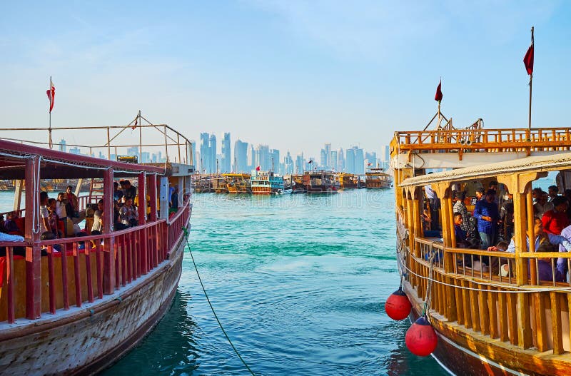 The crowd in pleasure boats, Doha, Qatar stock images