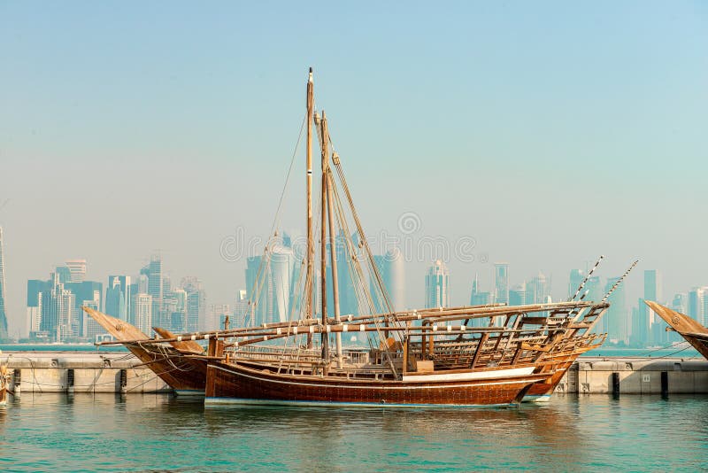 The traditional dhow on Doha Corniche Doha stock photography
