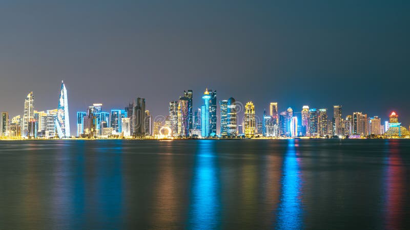 Doha's skyline at night is a dazzling display of architectural brilliance stock images