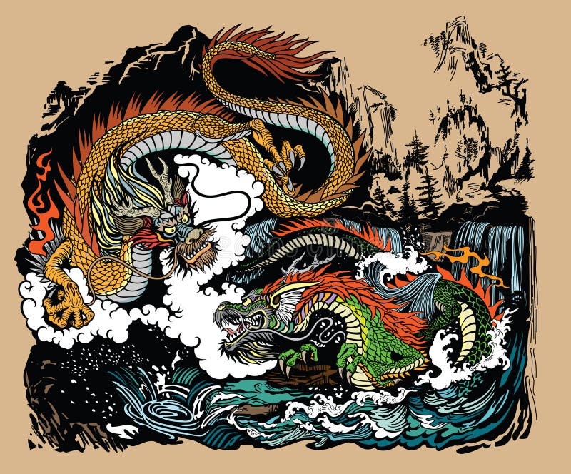Doi dragoni chinezi în peisaj royalty free illustration