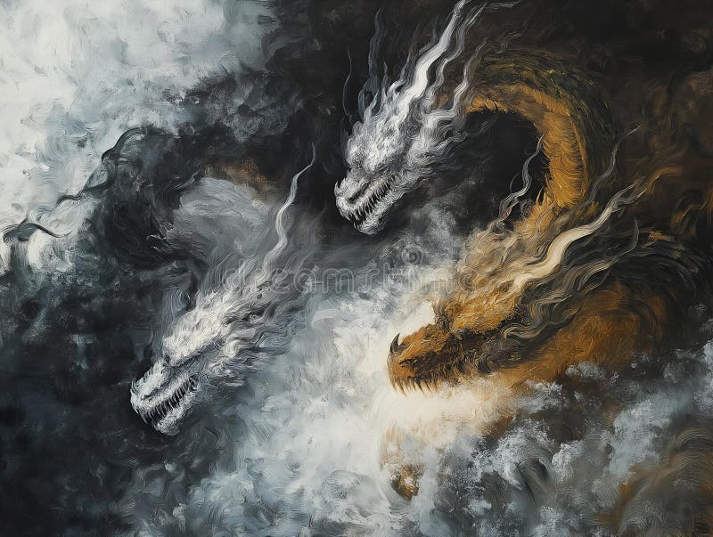 Doi dragoni de culoare gri și auriu solzi de apă fundal pictură artistică stil dramatic royalty free illustration