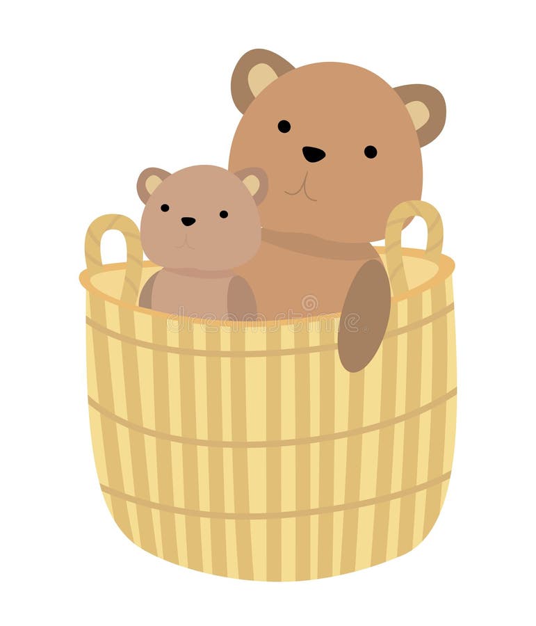 Doi ursuleți adorabili stau confortabil într-un coș de răchită vector illustration