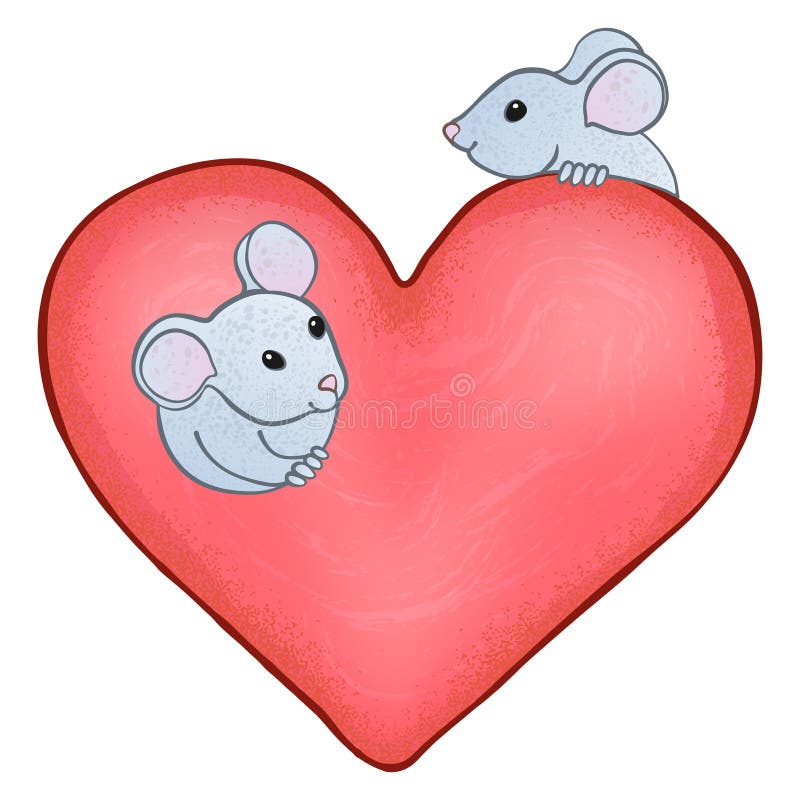Doi șoareci drăguți și o inimă mare roz. stock illustration