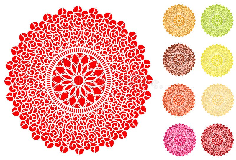 Vintage lace doilies in 9 colors for sewing, fashion, arts & crafts, celebrations, scrapbooks, cake decorating. EPS8 organized in groups for easy editing. Vintage lace doilies in 9 colors for sewing, fashion, arts & crafts, celebrations, scrapbooks, cake decorating. EPS8 organized in groups for easy editing.