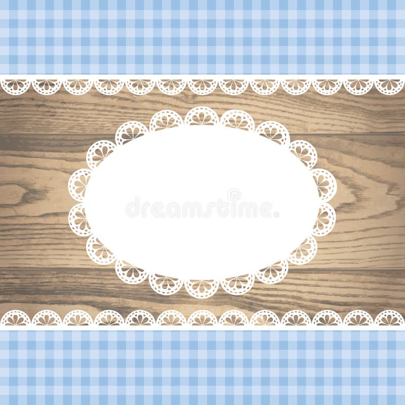 Doily na nieociosanej drewnianej teksturze z pustą koronki ramą ilustracja wektor