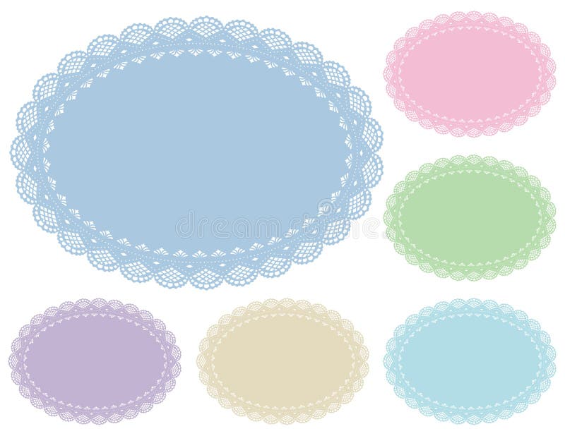 Old fashioned oval lace doily place mats in 6 pastel tints for setting table, cake decorating, celebrations, holidays, scrapbooks, arts, crafts. EPS8 organized in groups for easy editing. Old fashioned oval lace doily place mats in 6 pastel tints for setting table, cake decorating, celebrations, holidays, scrapbooks, arts, crafts. EPS8 organized in groups for easy editing.