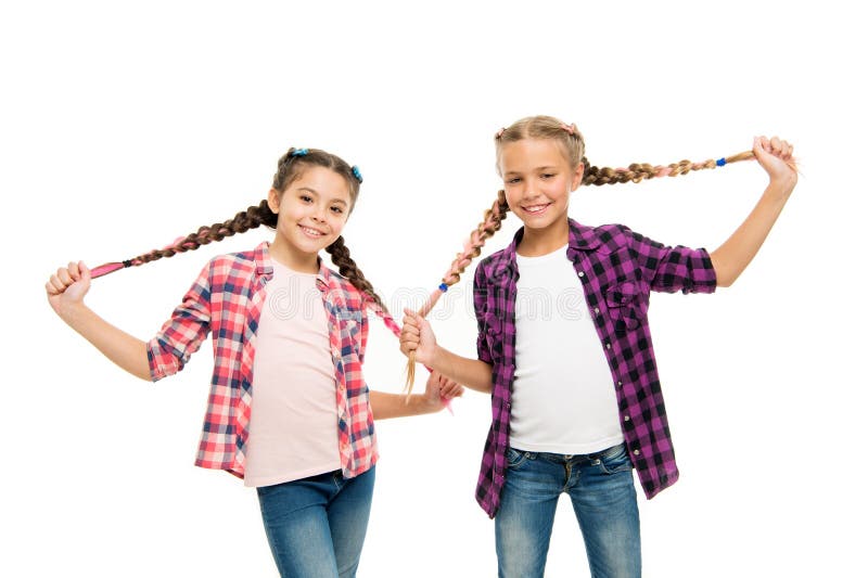 Doing Cute and Easy Hair Style. Happy Children Hold Long Braided Hair Style  Stock Photo - Image of grooming, checkered: 163587834