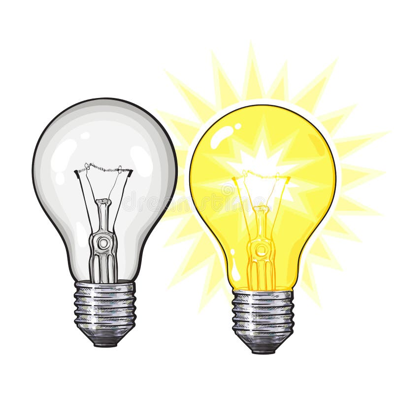 Dois ampolas de incandescência antiquados do tungstênio, e unlit ilustração do vetor Dois ampolas de incandescência antiquados do tungstênio, e unlit ilustração do vetor