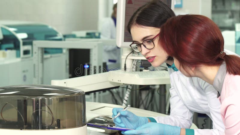 Dois biólogos fêmeas que fazem anotações quando conduzir experimentar foto de stock Dois biólogos fêmeas que fazem anotações quando conduzir experimentar foto de stock