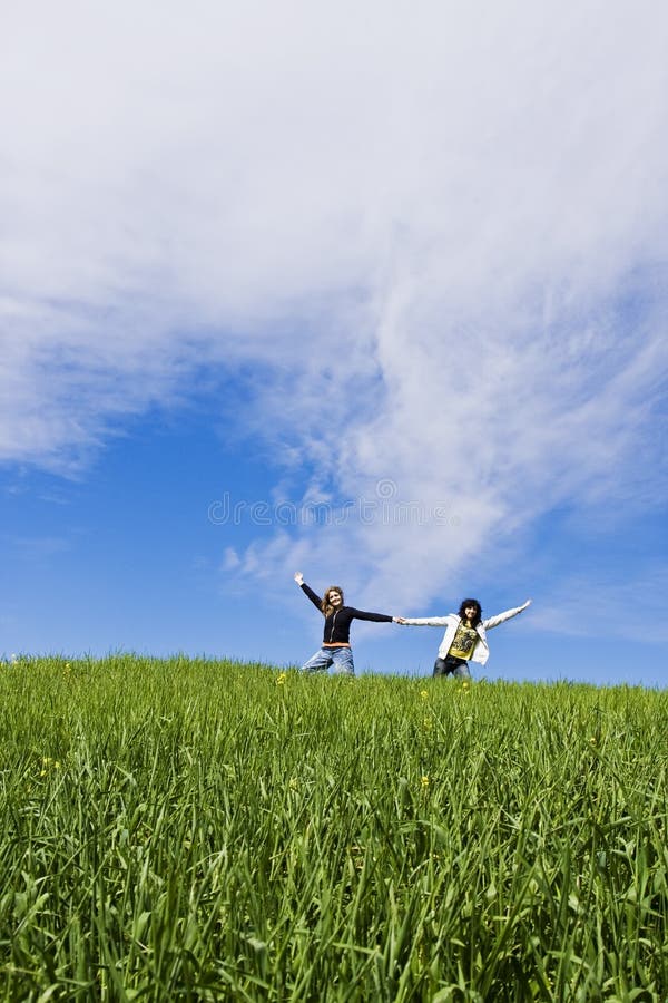 Dois braços levantaram amigos em um prado fotografia de stock royalty free Dois braços levantaram amigos em um prado fotografia de stock royalty free