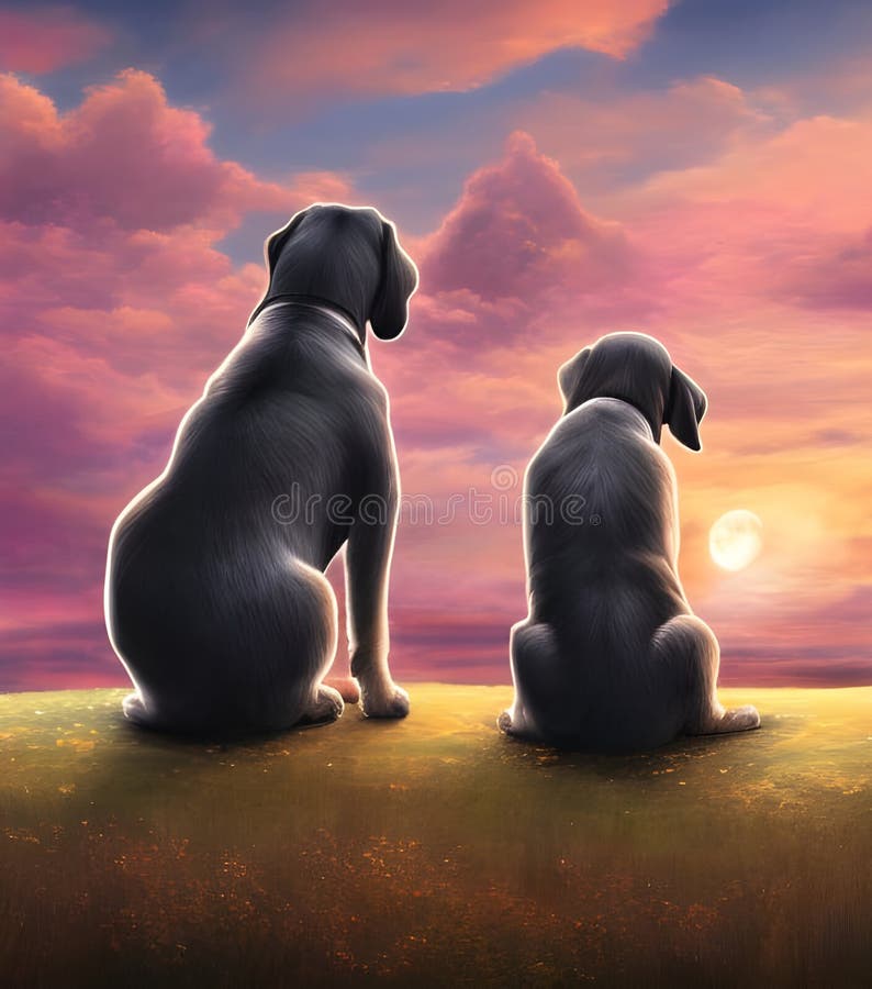 Dois cachorros enfrentando um belo pôr do sol ilustração stock