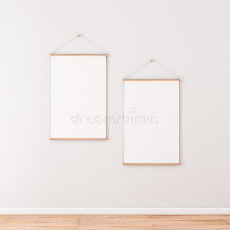 Two Vertical Roll up Posters Mockup hanging on the wall in empty room, 3d rendering. Two Vertical Roll up Posters Mockup hanging on the wall in empty room, 3d rendering