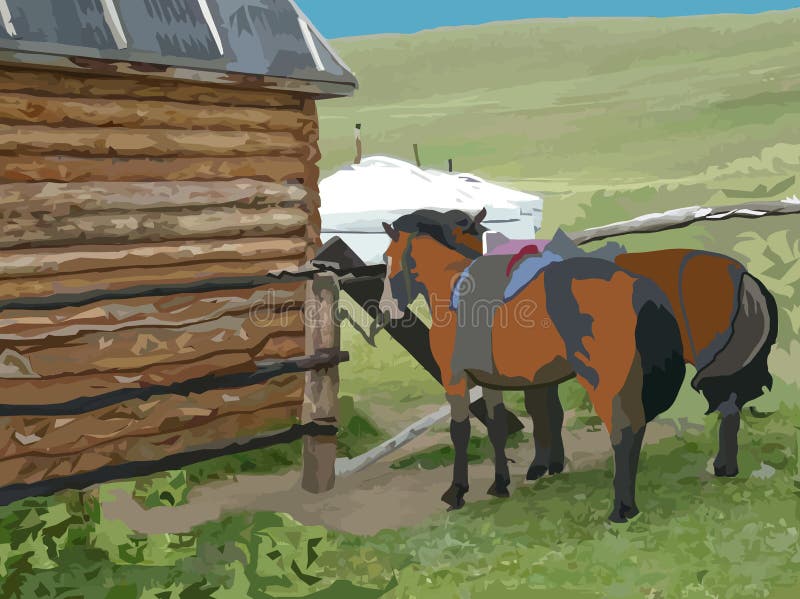 Dois cavalos na frente da casa de madeira