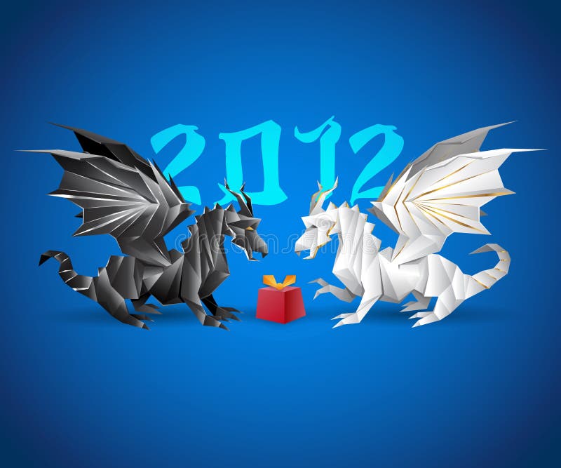 Dois dragões do origami e um presente ilustração stock Dois dragões do origami e um presente ilustração stock