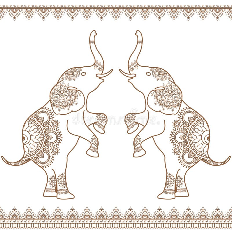 Dois elefantes que levantam-se com linha marrom sem emenda beiras da hena do laço no estilo indiano da hena do mehndi étnico ilustração stock Dois elefantes que levantam-se com linha marrom sem emenda beiras da hena do laço no estilo indiano da hena do mehndi étnico ilustração stock