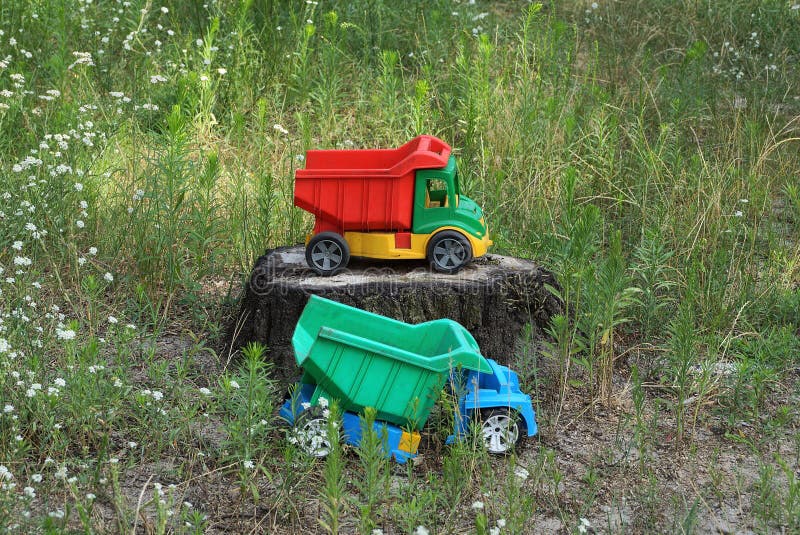 O Caminhão Basculante Colorido Grande Do Brinquedo Está Em Um Coto Na Grama  Verde Imagem de Stock - Imagem de fofofo, jogo: 153237617