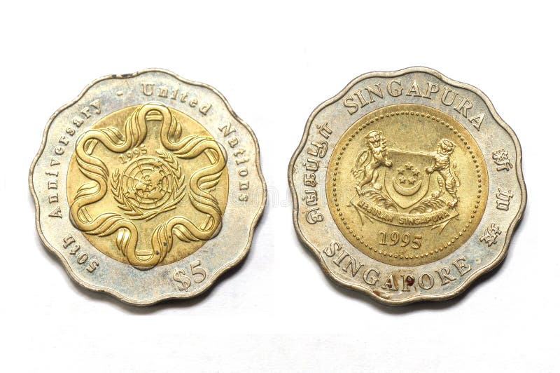 Dois lados da moeda do aniversário de United Nations do dólar 50th de Singapura cinco imagens de stock Dois lados da moeda do aniversário de United Nations do dólar 50th de Singapura cinco imagens de stock