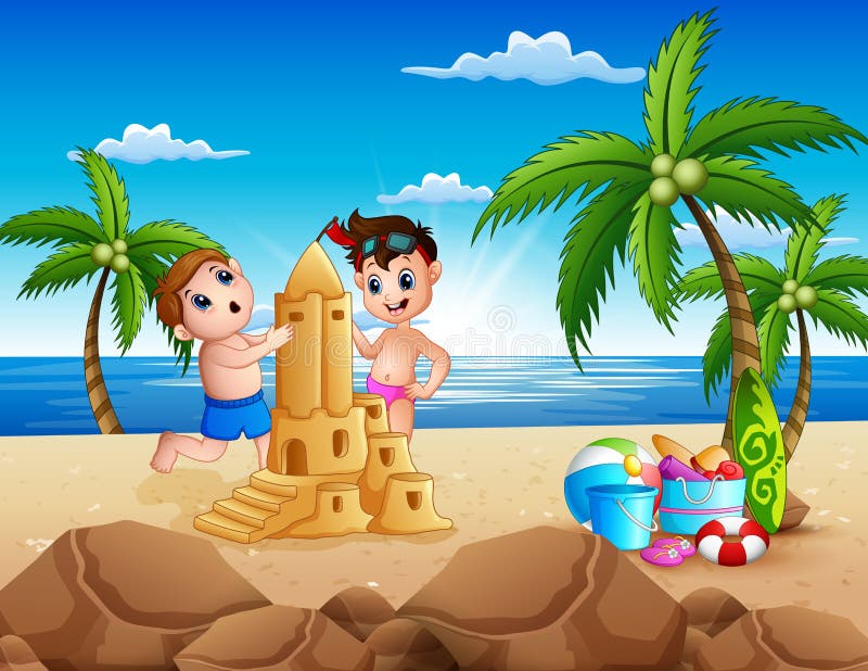Dois meninos felizes que fazem o castelo da areia na praia ilustração do vetor Dois meninos felizes que fazem o castelo da areia na praia ilustração do vetor
