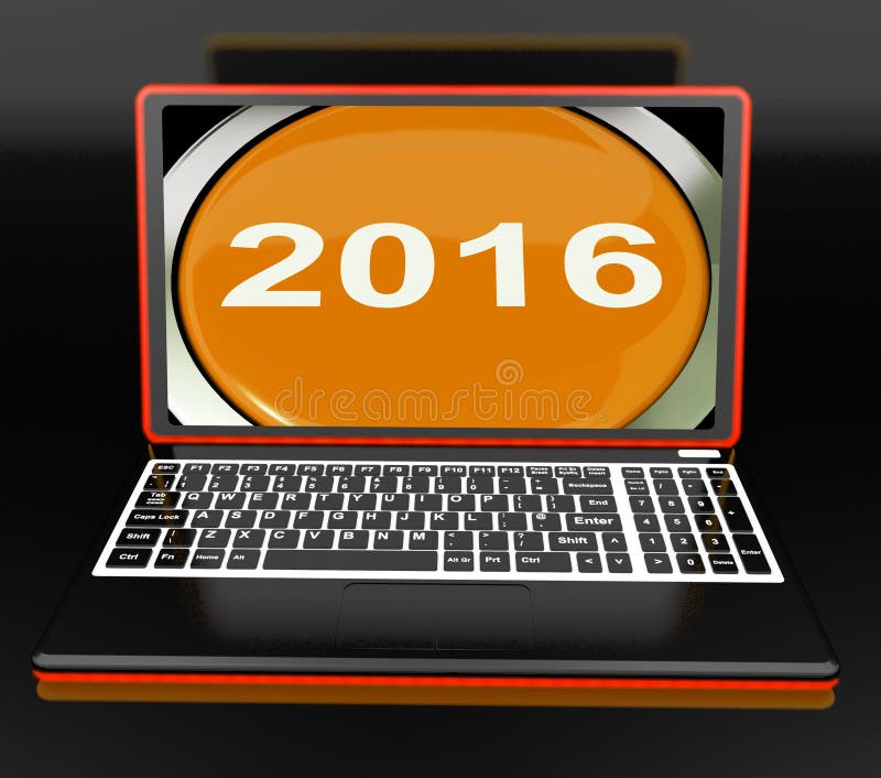 Dois mil e dezesseis no portátil mostram o ano novo 2016 ilustração stock Dois mil e dezesseis no portátil mostram o ano novo 2016 ilustração stock