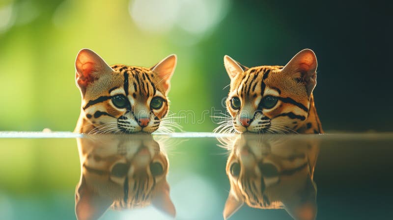 Dois ocelotes adoráveis refletidos na água ilustração royalty free