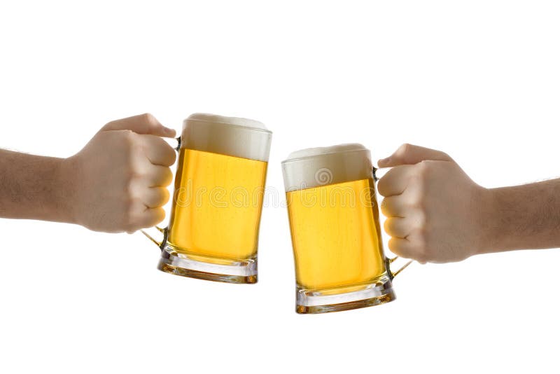 Two people holding a beer glass against white background. Two people holding a beer glass against white background