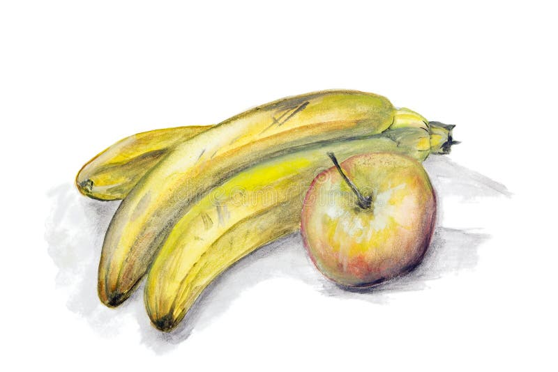 Dojrzali żółci banany i jabłko ilustracja wektor