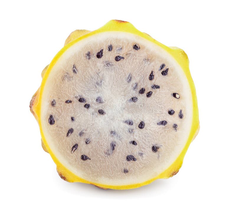 Dojrzałe owoce smoka, pitaya lub Pitahaya żółte wyizolowane na białym tle, zdrowe pojęcie owocowe