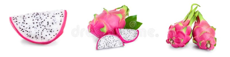 Dojrzały smok owocowy pitaya lub pitahaya wyizolowany na białym tle owocowym zdrowy pomysł. zestaw lub kolekcja