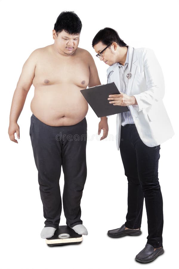 Portrait of male doctor measuring the weight of his patient while writing the report. Portrait of male doctor measuring the weight of his patient while writing the report