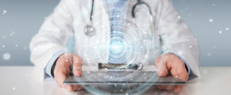 Doktor, der digitale medizinische futuristische Wiedergabe der Schnittstelle 3D verwendet stock abbildung Doktor, der digitale medizinische futuristische Wiedergabe der Schnittstelle 3D verwendet stock abbildung
