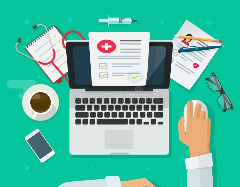 Doktor, der an der Laptop-Forschung in medizinischen Akten oder Versicherungen auf Desktop-Vektor-Illustration, flachen Cartoon m lizenzfreie abbildung Doktor, der an der Laptop-Forschung in medizinischen Akten oder Versicherungen auf Desktop-Vektor-Illustration, flachen Cartoon m lizenzfreie abbildung