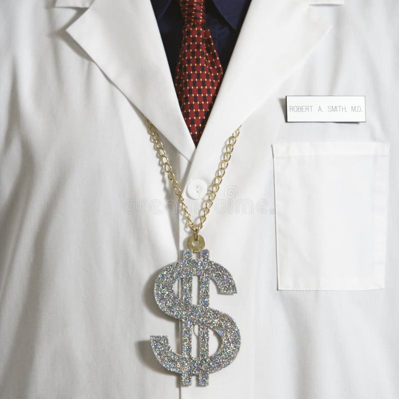 Close up of doctor wearing necklace with over-sized dollar sign. Close up of doctor wearing necklace with over-sized dollar sign.