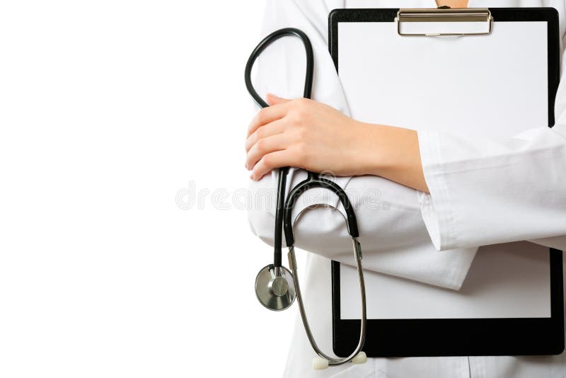 Doktor lokalisiert mit leerem leerem Klemmbrett stockfoto