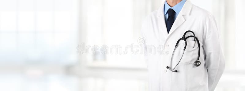 Doktor med stetoskopet i facket, banerrengöringsduk arkivbilder Doktor med stetoskopet i facket, banerrengöringsduk arkivbilder