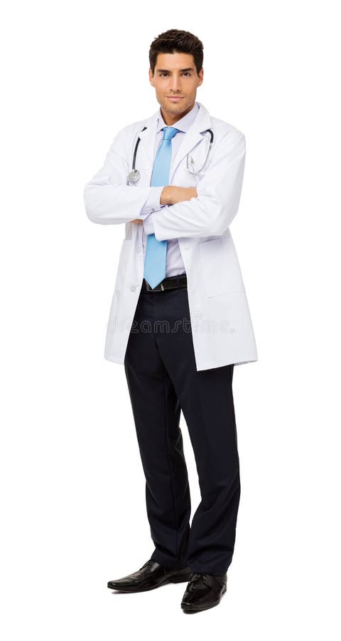 Doktor Standing Arms Crossed mot vit bakgrund royaltyfria bilder Doktor Standing Arms Crossed mot vit bakgrund royaltyfria bilder