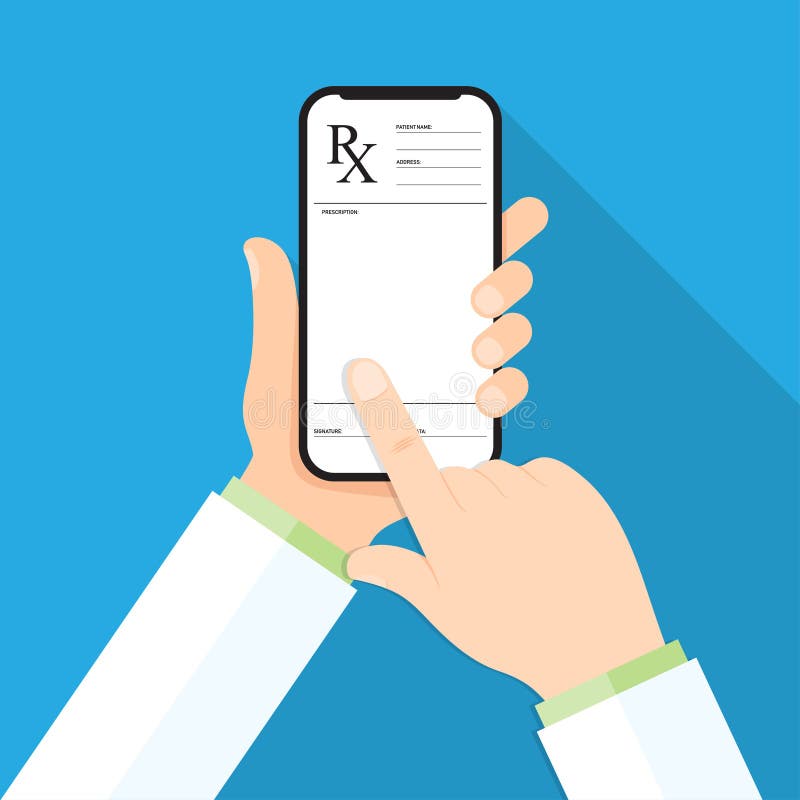 Doktorska ` s ręka trzyma smartphone z rx receptą na pokazie royalty ilustracja Doktorska ` s ręka trzyma smartphone z rx receptą na pokazie royalty ilustracja
