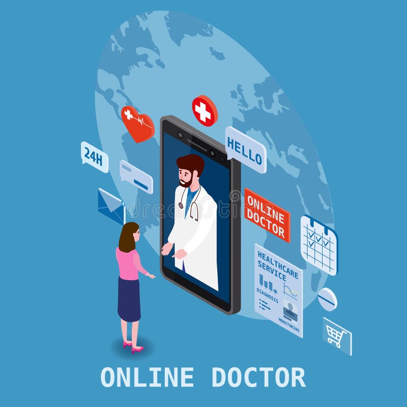 Doktorsonline-isometry sjukvård och medicinsk konsultation genom att använda en smartphoneteknologi Tålmodiga kvinnor och doktor stock illustrationer Doktorsonline-isometry sjukvård och medicinsk konsultation genom att använda en smartphoneteknologi Tålmodiga kvinnor och doktor stock illustrationer