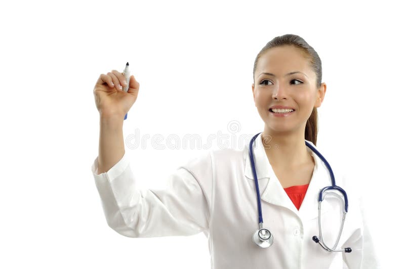 Young women doctor writing on whiteboard. Healthcare workers - over a white background. Young women doctor writing on whiteboard. Healthcare workers - over a white background