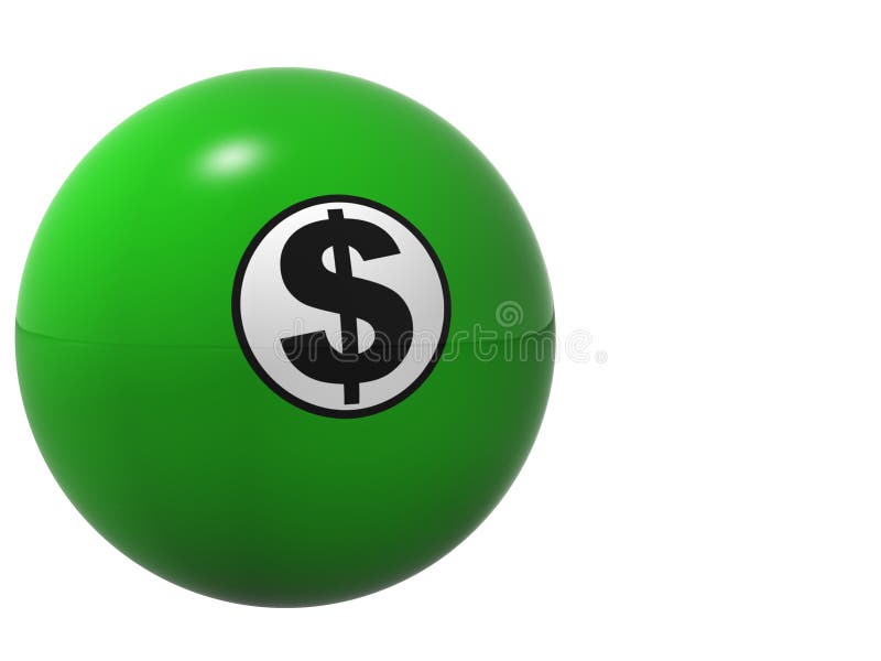This is a high resolution rendering of a billiards or pool ball with a dollar sign and a slight reflection across the bottom of the ball and little bit of shine near the top. This is a high resolution rendering of a billiards or pool ball with a dollar sign and a slight reflection across the bottom of the ball and little bit of shine near the top.