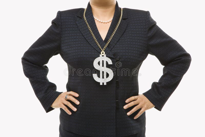 Close-up of Filipino middle-aged businesswoman wearing chain necklace with oversized dollar sign. Close-up of Filipino middle-aged businesswoman wearing chain necklace with oversized dollar sign.