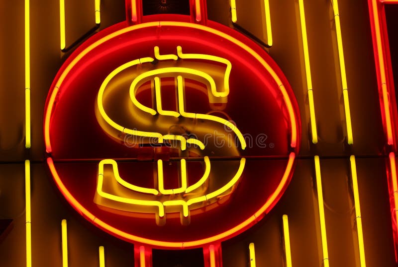 A neon dollar sign, on a striped neon background. A neon dollar sign, on a striped neon background.