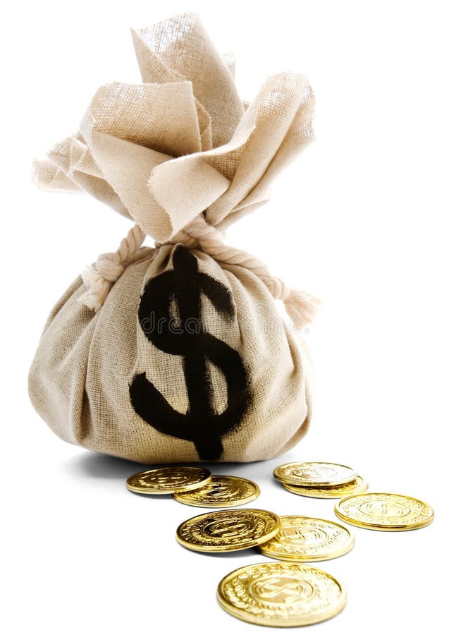 Sack with dollar sign and us coins isolated over white. Sack with dollar sign and us coins isolated over white