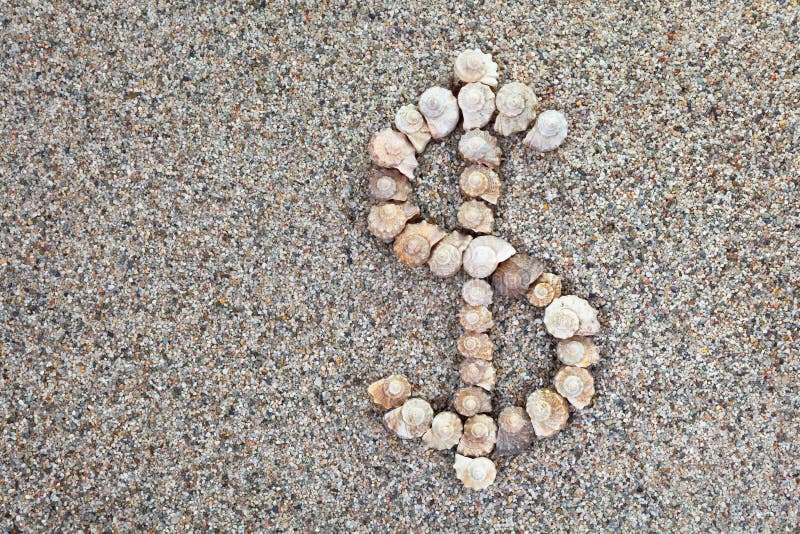 Dollar sign made of natural seashells on sand with copy space. Dollar sign made of natural seashells on sand with copy space