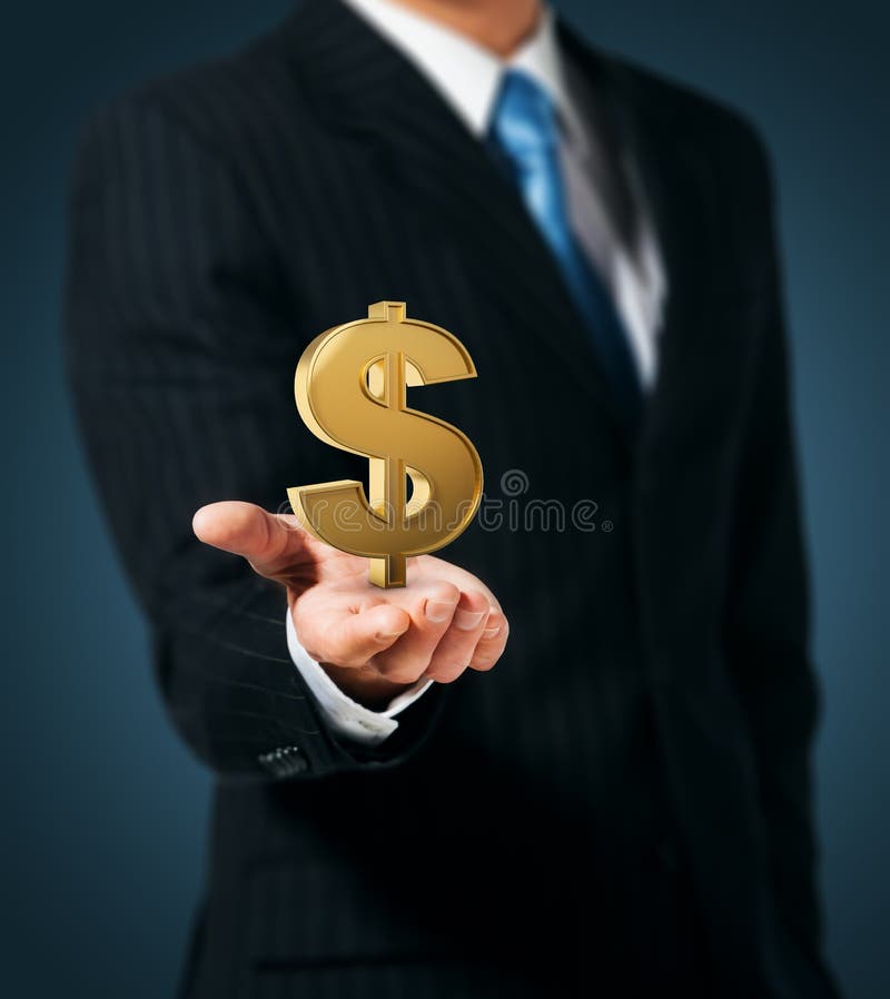 Businessman holding dollar sign on blue background. Businessman holding dollar sign on blue background