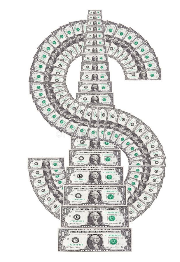 Dollar sign made from one dollar bills on white background. Dollar sign made from one dollar bills on white background