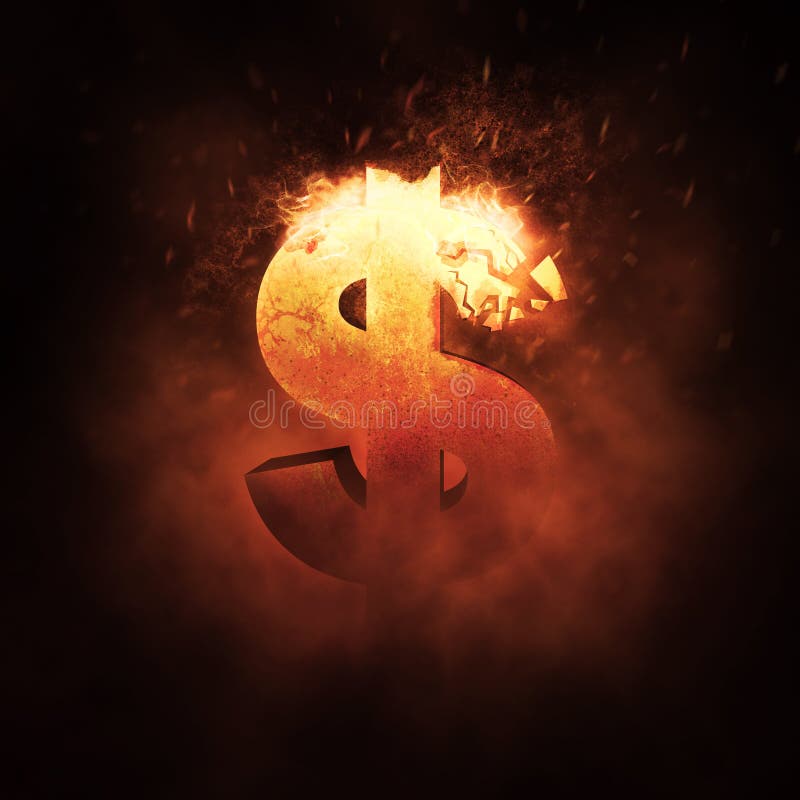 Dollar sign burning and breaks apart in a fire. Dollar sign burning and breaks apart in a fire.