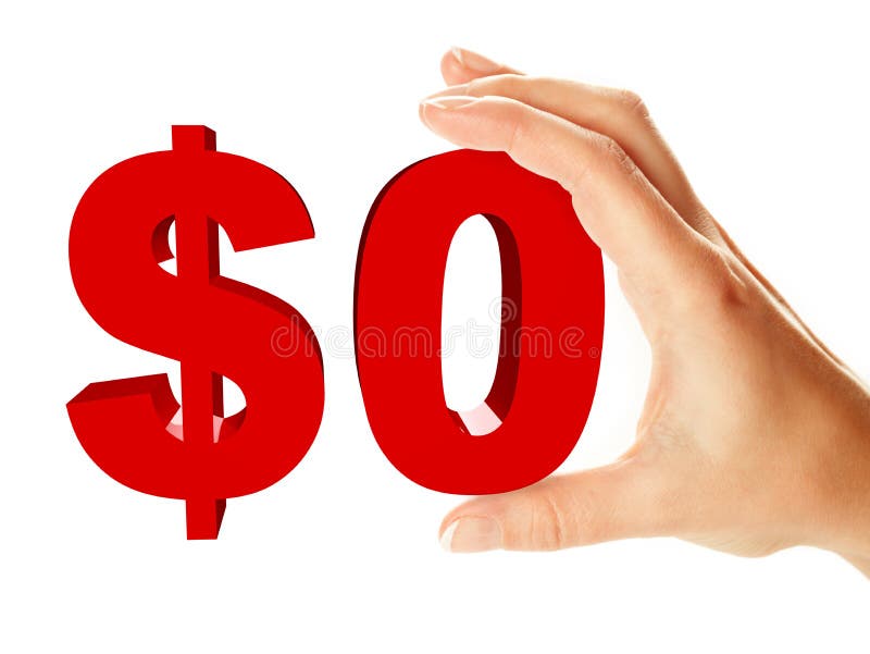 Zero dollar sign holding by female hand, isolated over white background. Zero dollar sign holding by female hand, isolated over white background