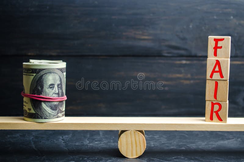 Dolary i wpisowego ` Uczciwy ` na drewnianych blokach Równowaga Uczciwej wartości wycena, pieniądze dług Uczciwa transakcja Przys